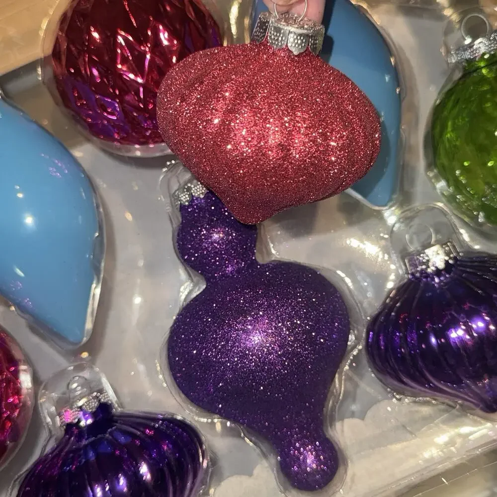 NEW 2014 Target Wondershop 10 Glass Ornaments Royal Purple Pink Glitter Teardrop